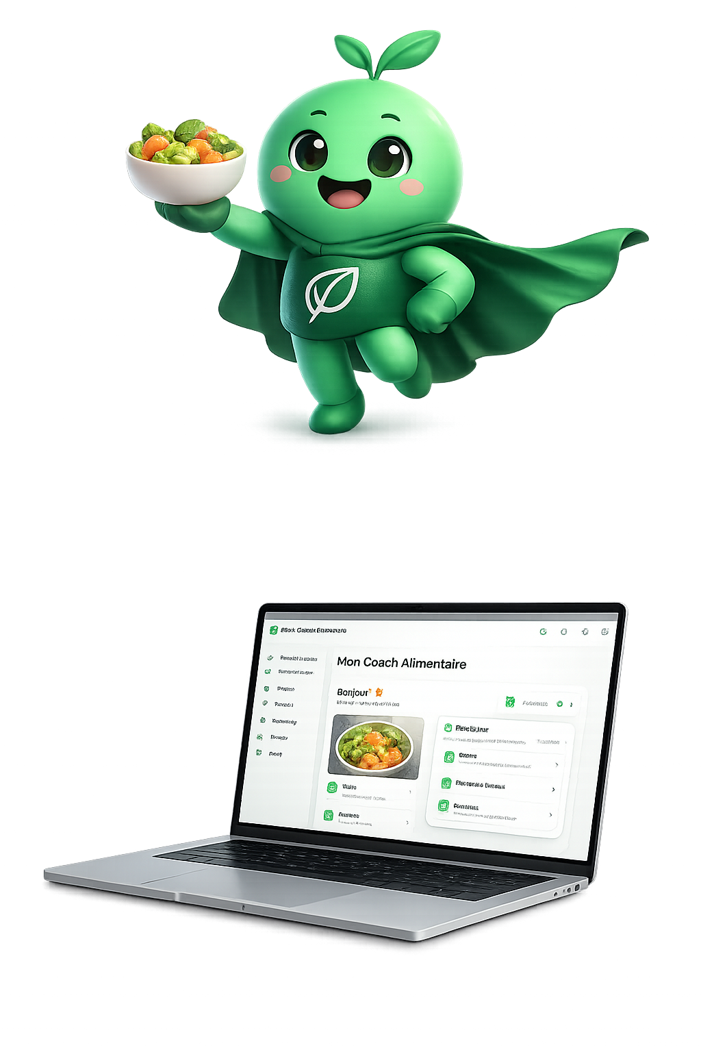 Clic, la mascotte de Mon Coach Alimentaire, présente l'application sur un ordinateur portable